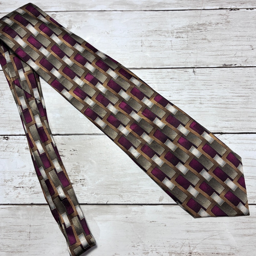 FACETS Men's Geometric Block Pattern Silk Necktie Burgundy Gold Gray Hand-Sewn